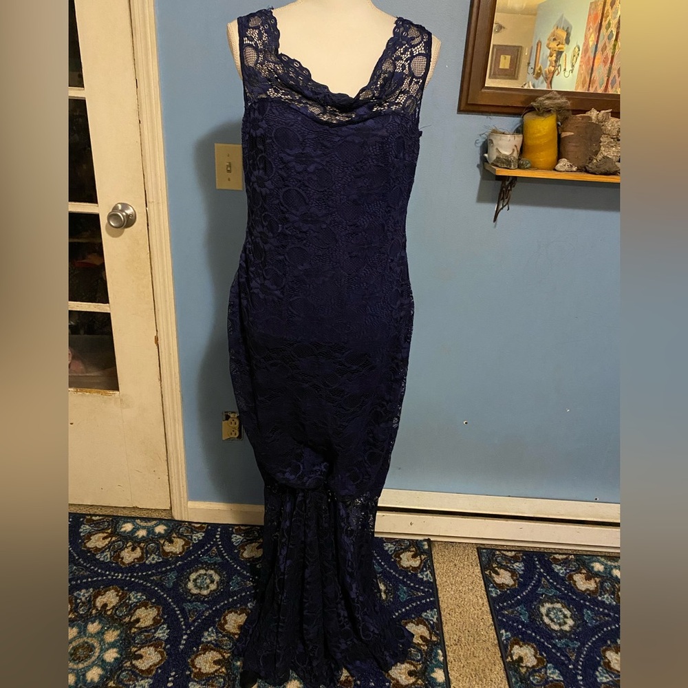 Long, Navy blue, Lace, Gown